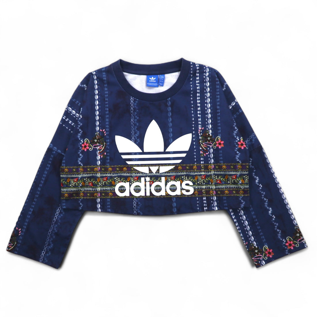 adidas originals cropped sweatshirt M navy polyester all-over print trefoil logo Cirande Sweat AY6896