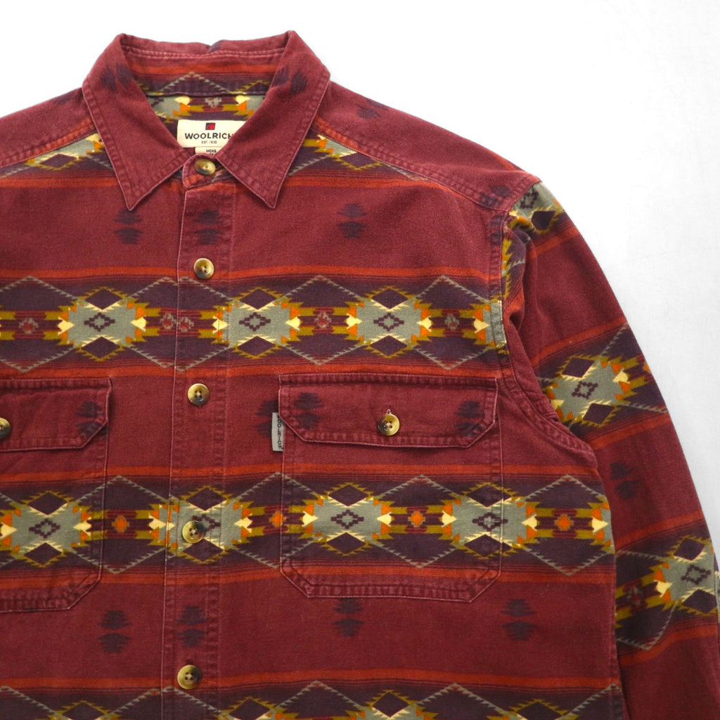 Woolrich ネイティブ柄 ワークシャツ M ボルドー 総柄 コットン 胸ポケット AZTEC STRIPE