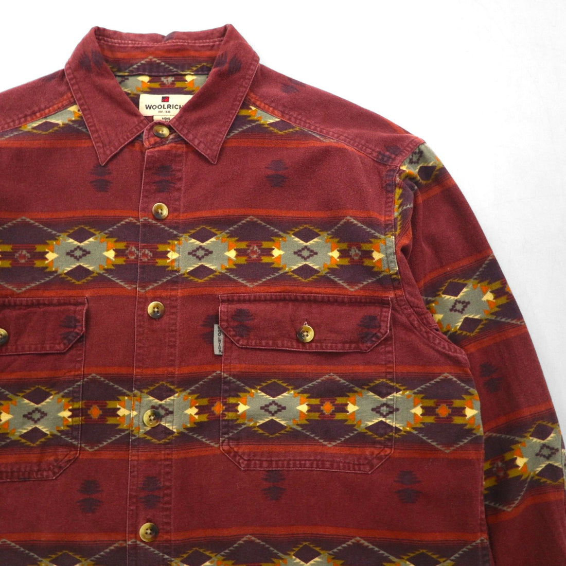 Woolrich ネイティブ柄 ワークシャツ M ボルドー 総柄 コットン 胸ポケット AZTEC STRIPE