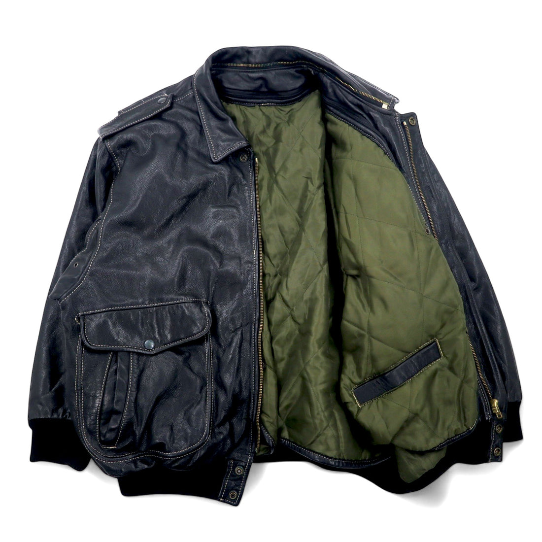 Made in France 70s CUIRS VANIFOSSE A-2 Leather Flight Jacket XL Black Leather ECLAIR Zipper Epaulettes Removable Quilted Liner