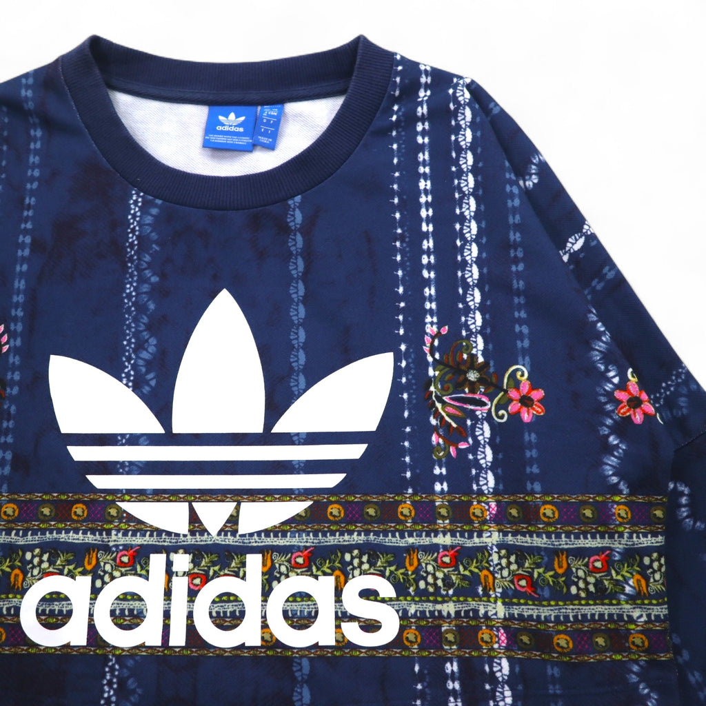 adidas originals cropped sweatshirt M navy polyester all-over print trefoil logo Cirande Sweat AY6896