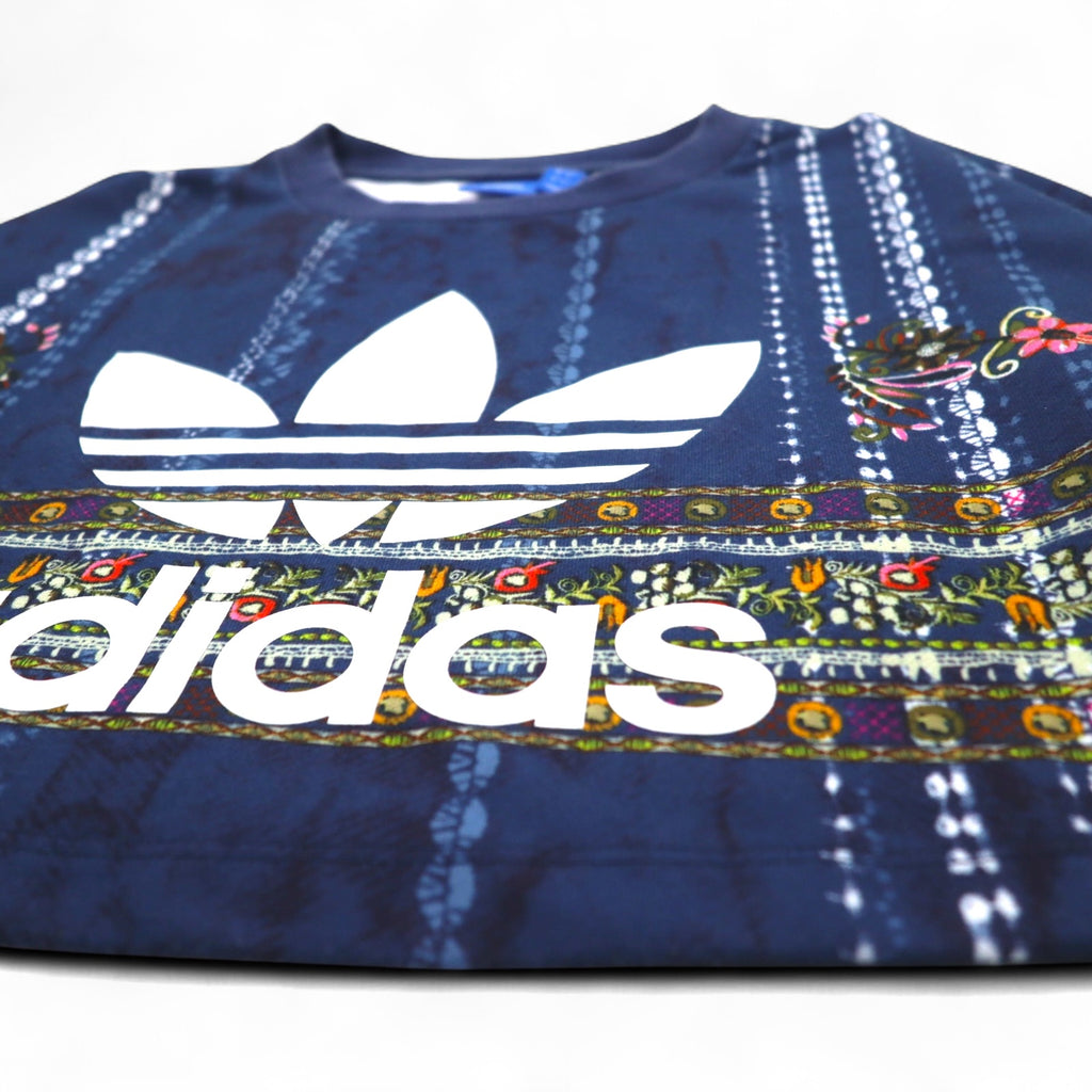 adidas originals cropped sweatshirt M navy polyester all-over print trefoil logo Cirande Sweat AY6896