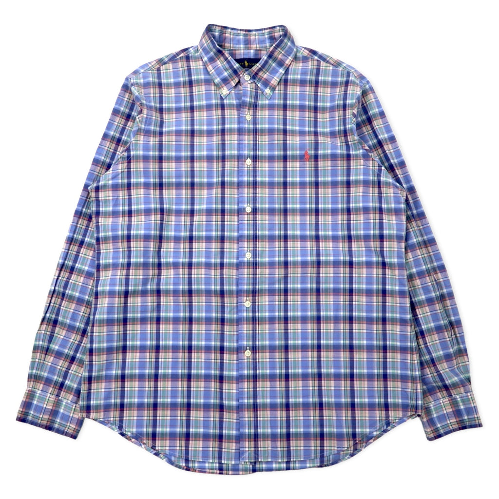 日本然リトテ-古着オンライン-RALPH LAUREN ボタンダウンシャツ L ブルー チェック コットン スモールポニー刺繍-RALPH LAUREN button-down Shirts L Blue Checked Cotton Small Pony Embroidery