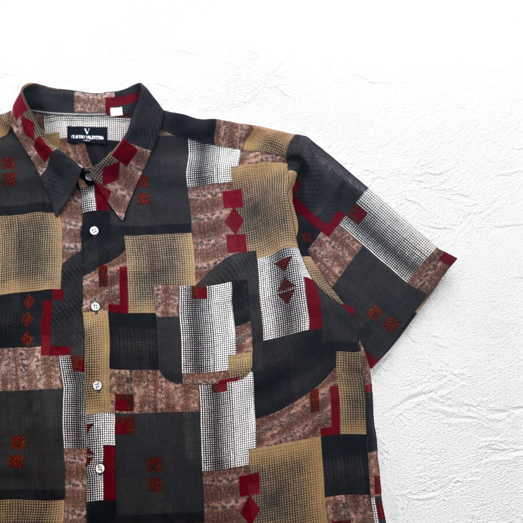 90s Big Size Short Sleeve Retro All-Over Print Polyester Shirt CLAUDIO VALENTINO 4XL Black All-Over Print