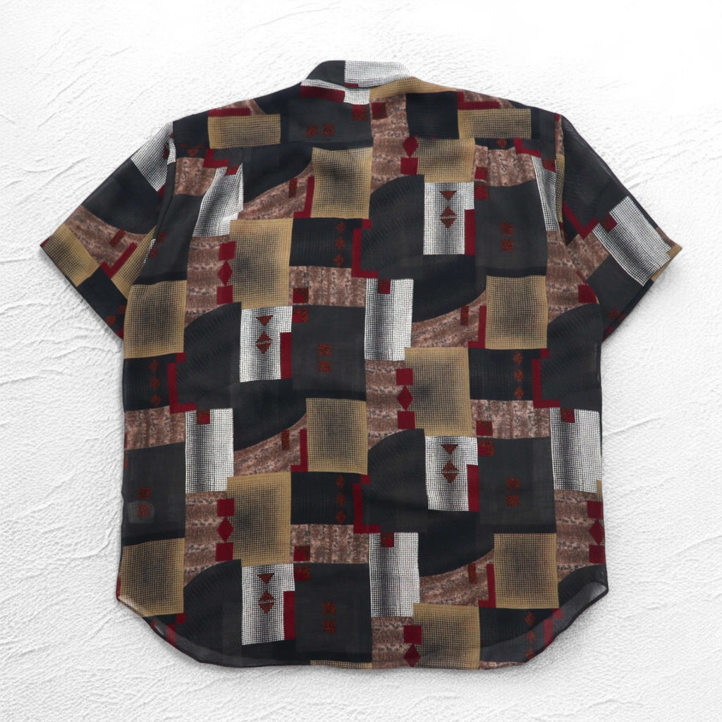 90s Big Size Short Sleeve Retro All-Over Print Polyester Shirt CLAUDIO VALENTINO 4XL Black All-Over Print