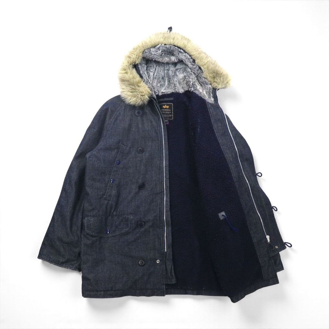 ALPHA INDUSTRIES N-3B Denim Flight Jacket, XL, with Boa Liner and Detachable Fur Lining