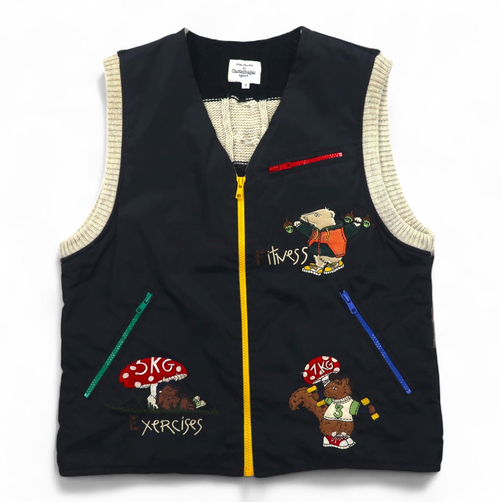 Castelbajac sport Made in Italy 90s Different material switching Full zip vest M Black Character embroidery