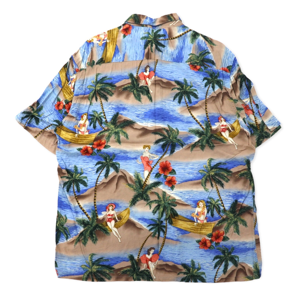 Pierre Cardin 90s Aloha Shirt L Blue Rayon All-over Print Beach Pin-up Girl