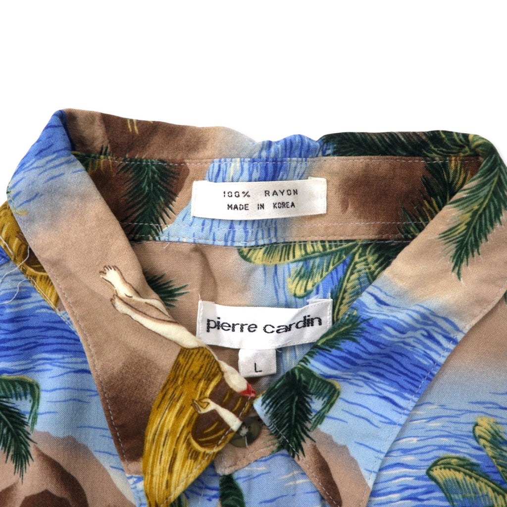 Pierre Cardin 90s Aloha Shirt L Blue Rayon All-over Print Beach Pin-up Girl