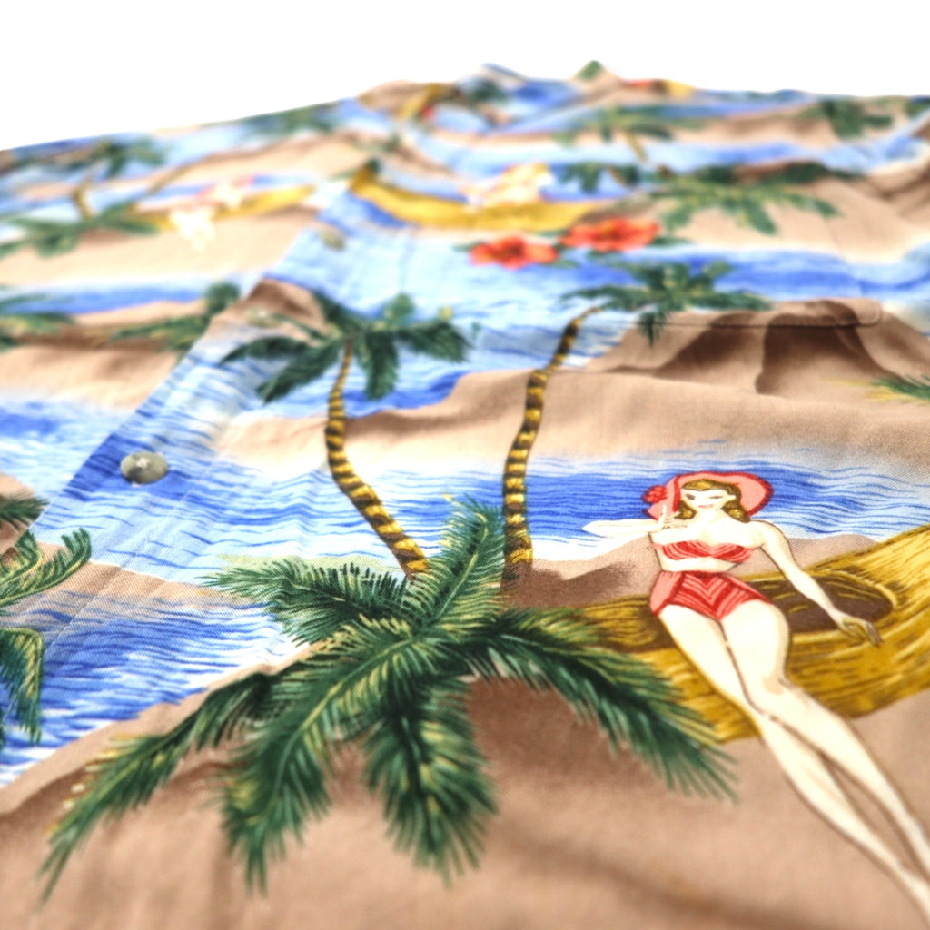 Pierre Cardin 90s Aloha Shirt L Blue Rayon All-over Print Beach Pin-up Girl