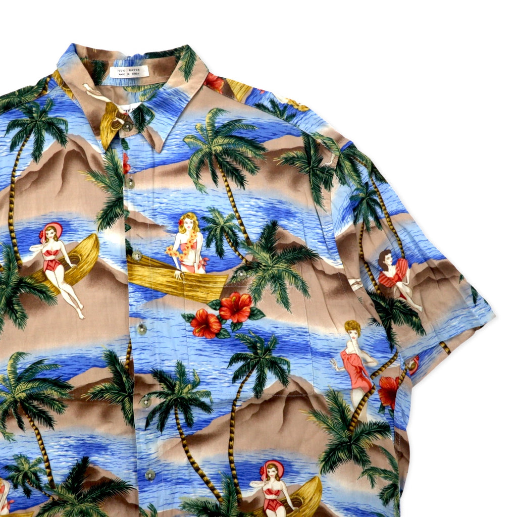 Pierre Cardin 90s Aloha Shirt L Blue Rayon All-over Print Beach Pin-up Girl