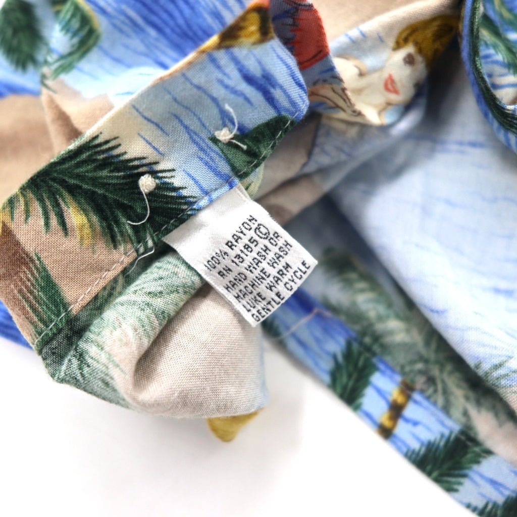 Pierre Cardin 90s Aloha Shirt L Blue Rayon All-over Print Beach Pin-up Girl
