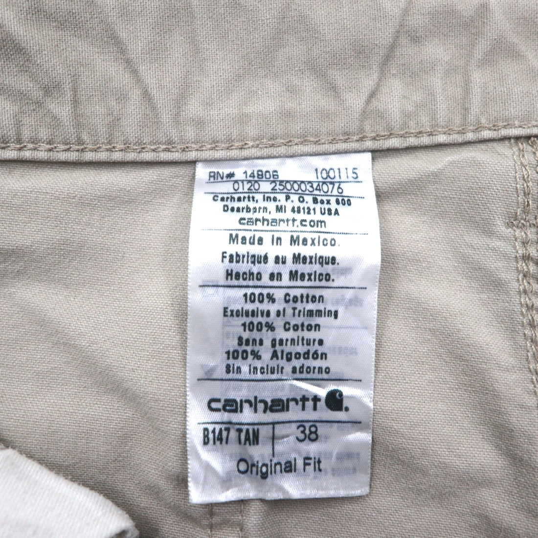 Carhartt Canvas Utility Work Shorts, duck-dyed, beige, size XL, B147, made in Mexico.