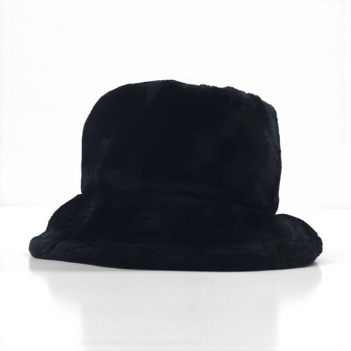 90s Vintage Faux Fur Bucket Hat, Black, Eco-Fur