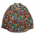 Vintage 90s Japan Made Open Collar Retro Shirt Ram Roll スカーフ柄 オープンカラーシャツ ポリシャツ XL ネイビー レトロ