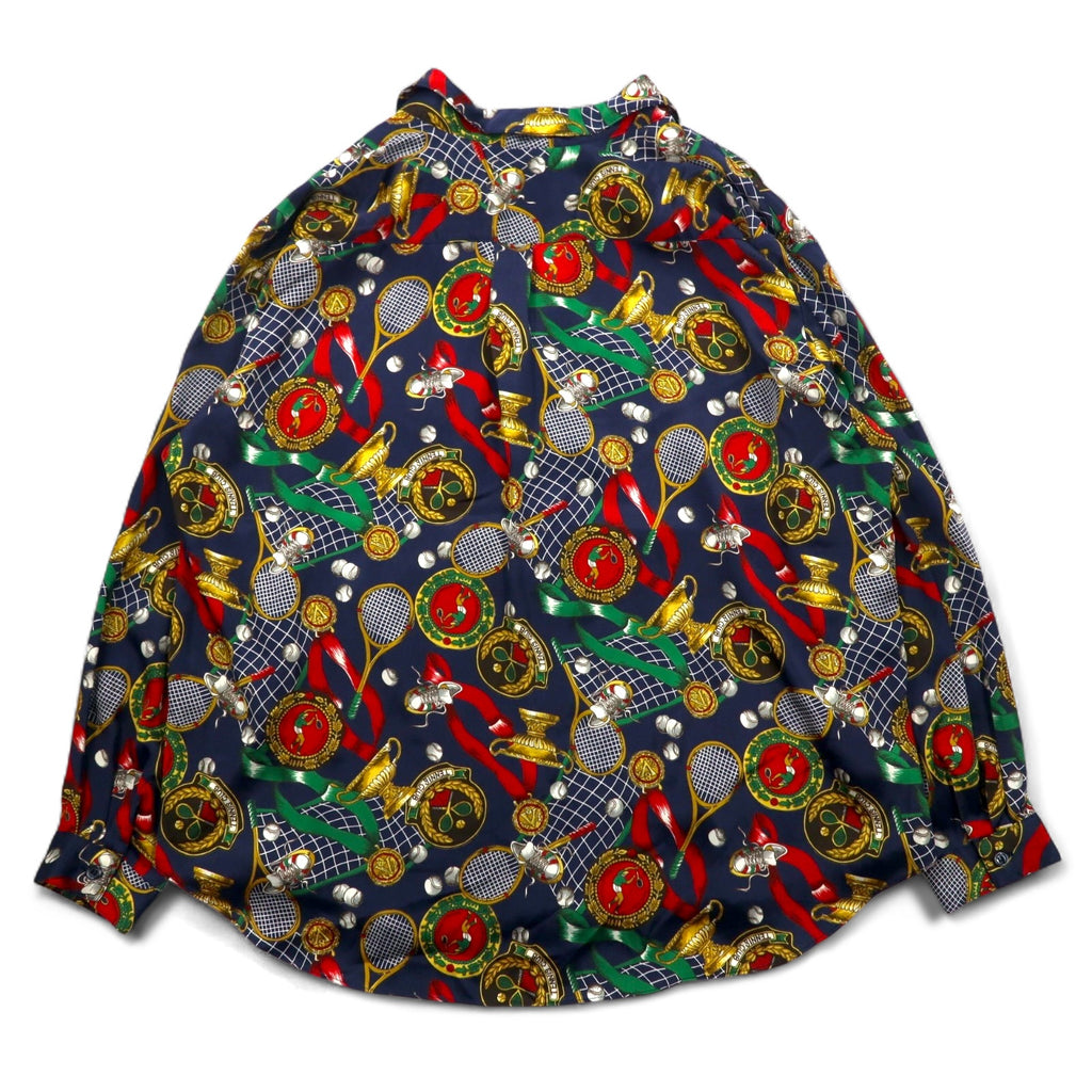 Vintage 90s Japan Made Open Collar Retro Shirt Ram Roll スカーフ柄 オープンカラーシャツ ポリシャツ XL ネイビー レトロ