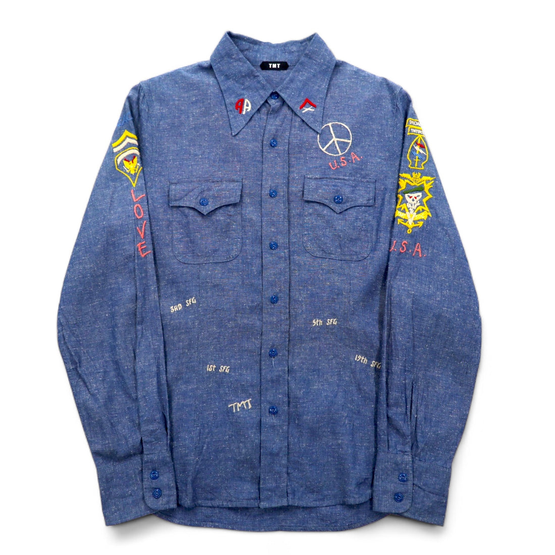 TMT Souvenir Embroidered Chambray Shirt M Indigo Blue BIG HOLIDAY Made in Japan