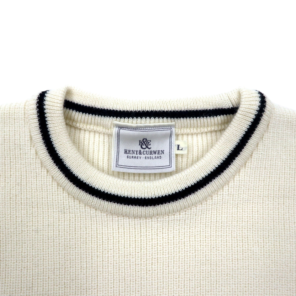 KENT &amp; CURWEN Cable Knit Sweater L White Wool Logo Embroidery Made in Japan