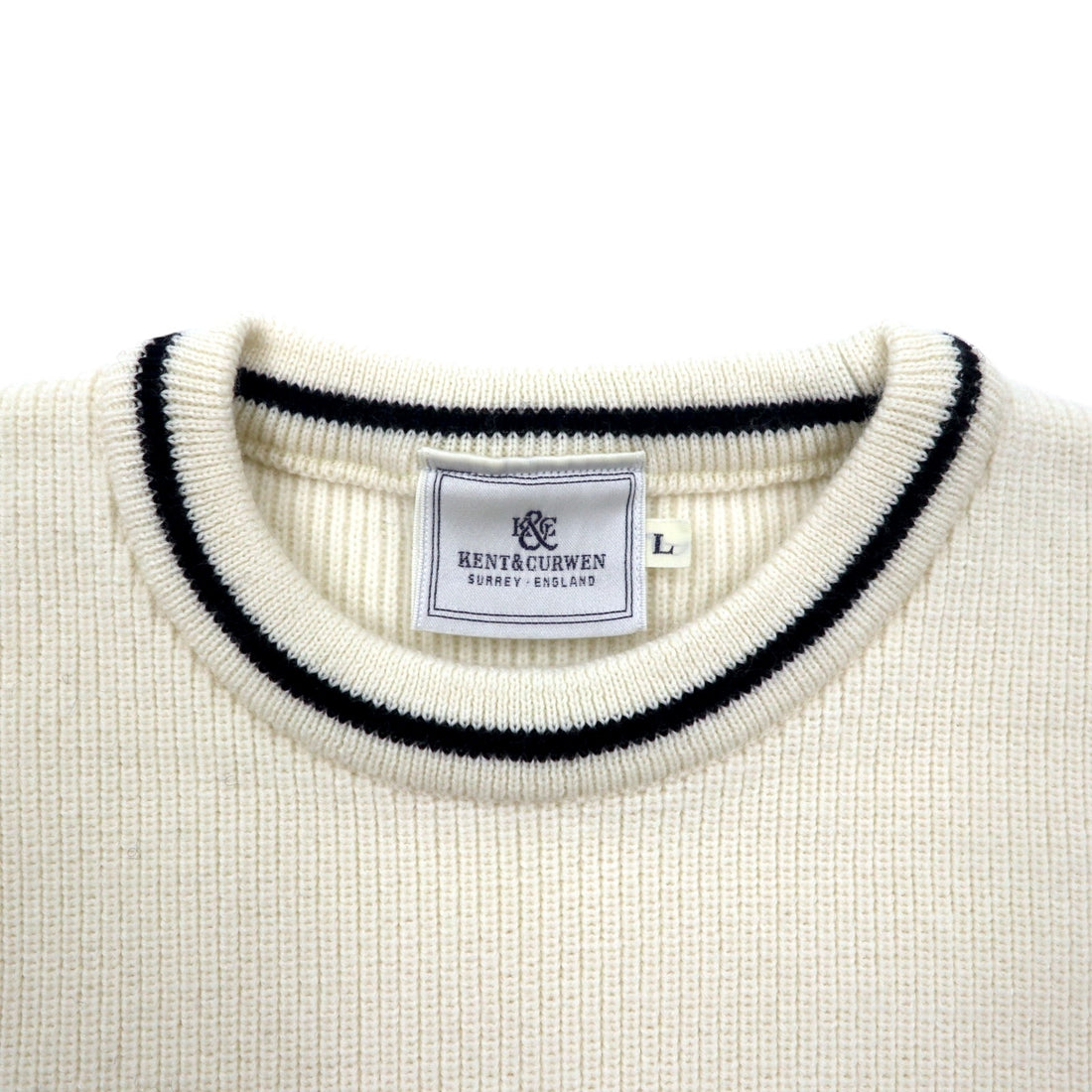 KENT &amp; CURWEN Cable Knit Sweater L White Wool Logo Embroidery Made in Japan