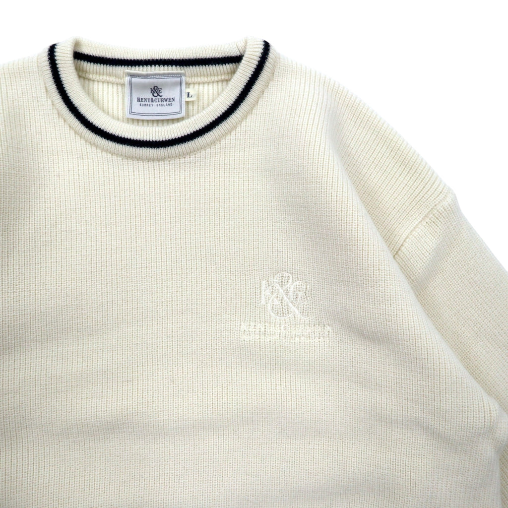 KENT &amp; CURWEN Cable Knit Sweater L White Wool Logo Embroidery Made in Japan