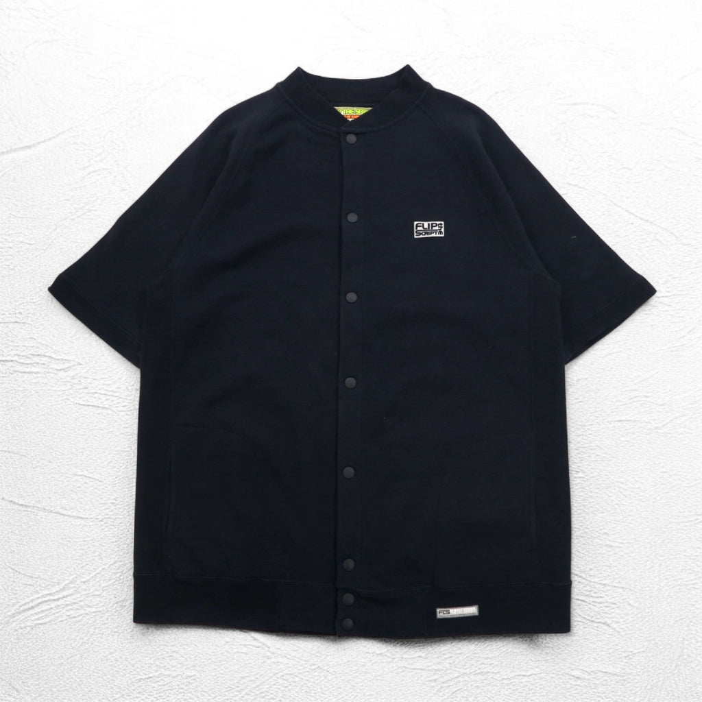 FLIP THE SCRIPT 90s Short Sleeve Sweat Jacket, Stadium Jacket, 2XL, Black, Snap Buttons, Slash Pockets