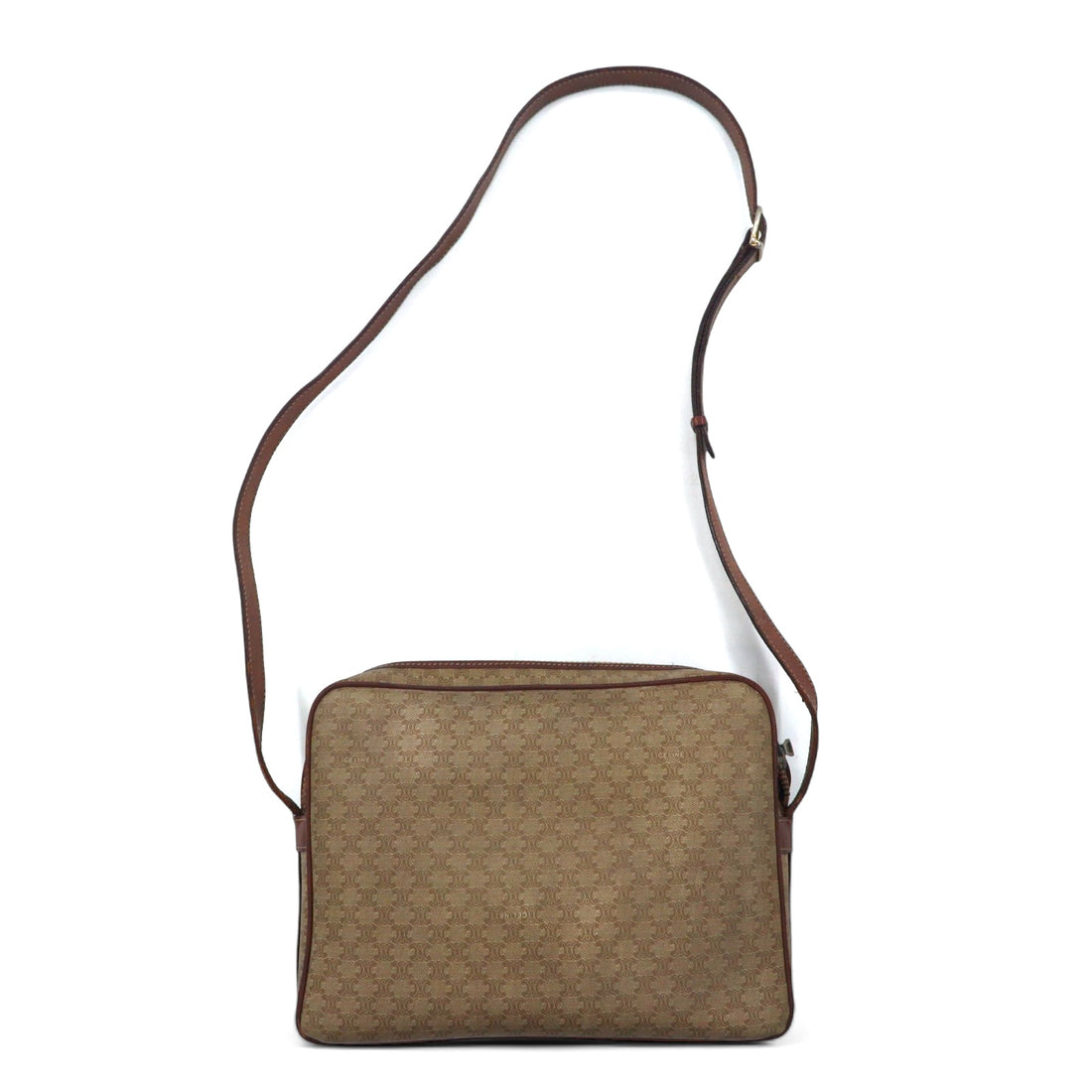 CELINE Made in Italy Old Macadam Shoulder Bag Beige Leather All-over Pattern Logo Riri Zip M07