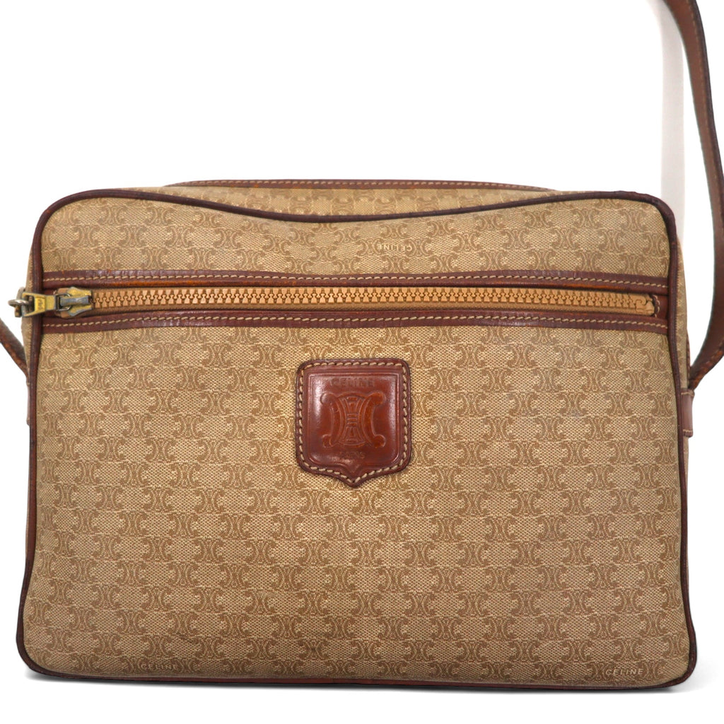 CELINE Made in Italy Old Macadam Shoulder Bag Beige Leather All-over Pattern Logo Riri Zip M07