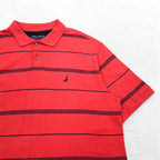 NAUTICA Classic Fit Striped Polo Shirt 2XL Pink Pique Performance Deck Shirt with One Point Logo Embroidery