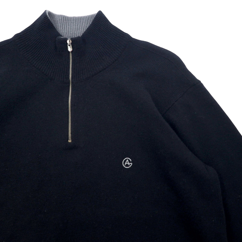 ARMANI COLLEZIONI Made in Slovakia Half-Zip Lambswool Knit Sweater XL Black Wool One Point Logo Embroidery