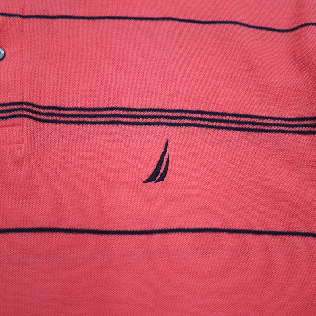 NAUTICA Classic Fit Striped Polo Shirt 2XL Pink Pique Performance Deck Shirt with One Point Logo Embroidery