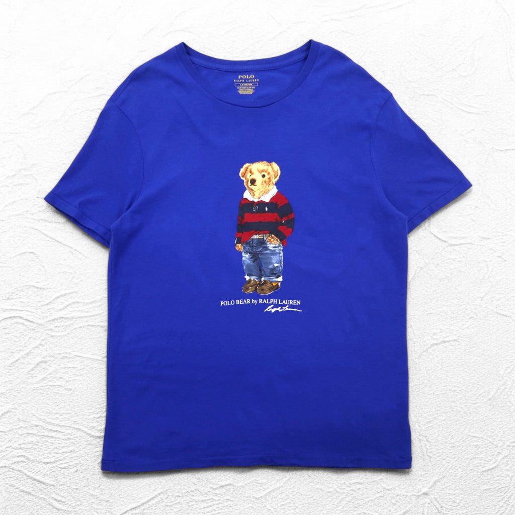 POLO RALPH LAUREN Polo Bear Print T-Shirt L Blue Cotton CUSTOM SLIM FIT
