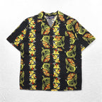 Made in the USA, 90s, LATITUDE 32, open-collar aloha shirt, 3XL, big size, black, all-over pattern, dragon, hibiscus