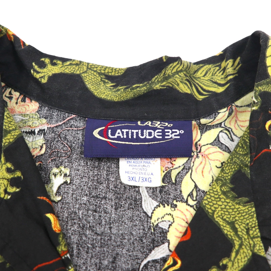 Made in the USA, 90s, LATITUDE 32, open-collar aloha shirt, 3XL, big size, black, all-over pattern, dragon, hibiscus