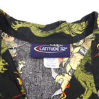 Made in the USA, 90s, LATITUDE 32, open-collar aloha shirt, 3XL, big size, black, all-over pattern, dragon, hibiscus