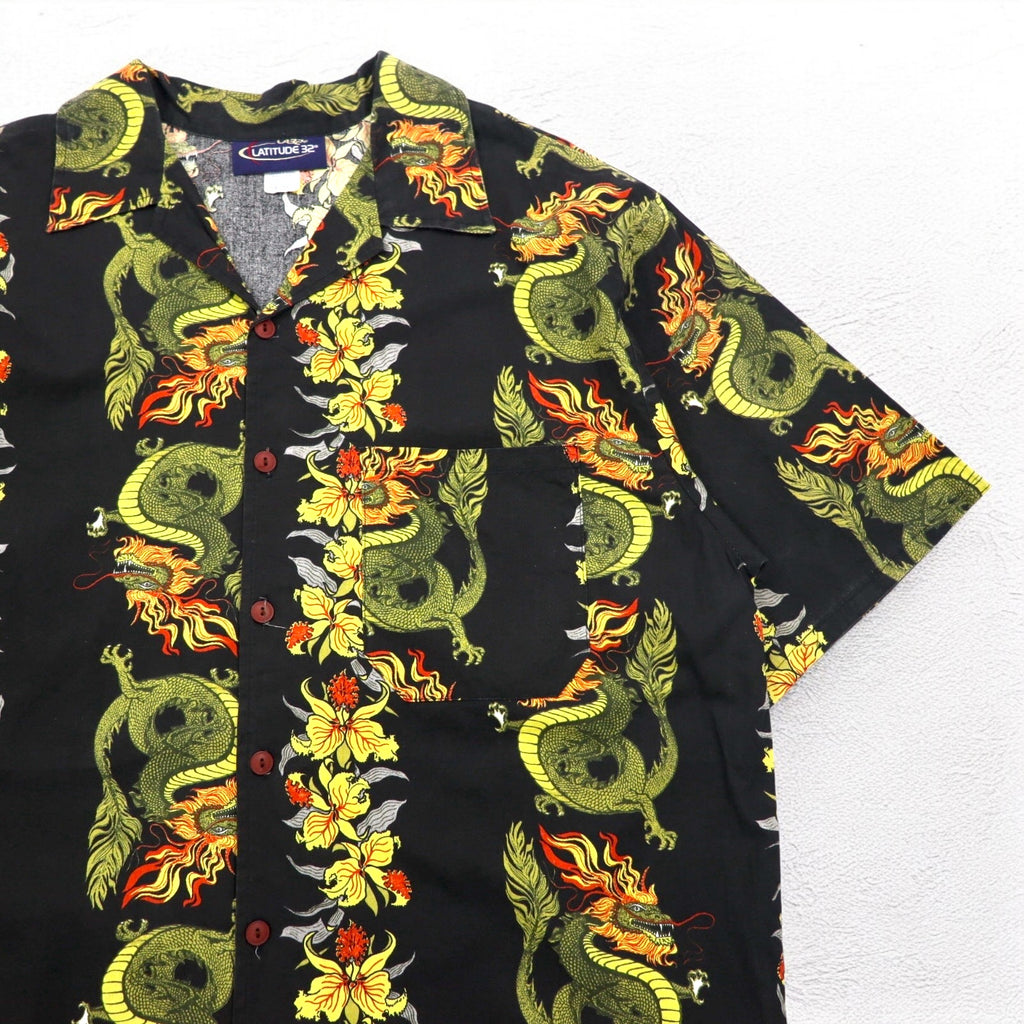 Made in the USA, 90s, LATITUDE 32, open-collar aloha shirt, 3XL, big size, black, all-over pattern, dragon, hibiscus