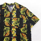 Made in the USA, 90s, LATITUDE 32, open-collar aloha shirt, 3XL, big size, black, all-over pattern, dragon, hibiscus