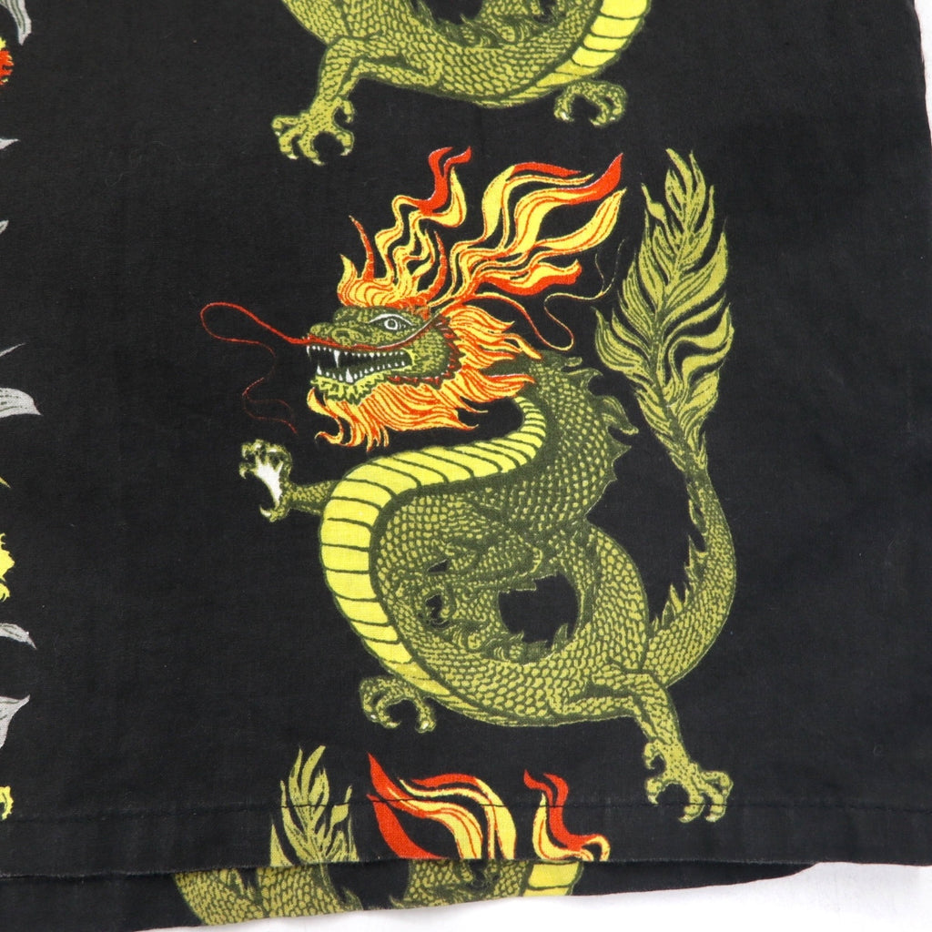 Made in the USA, 90s, LATITUDE 32, open-collar aloha shirt, 3XL, big size, black, all-over pattern, dragon, hibiscus