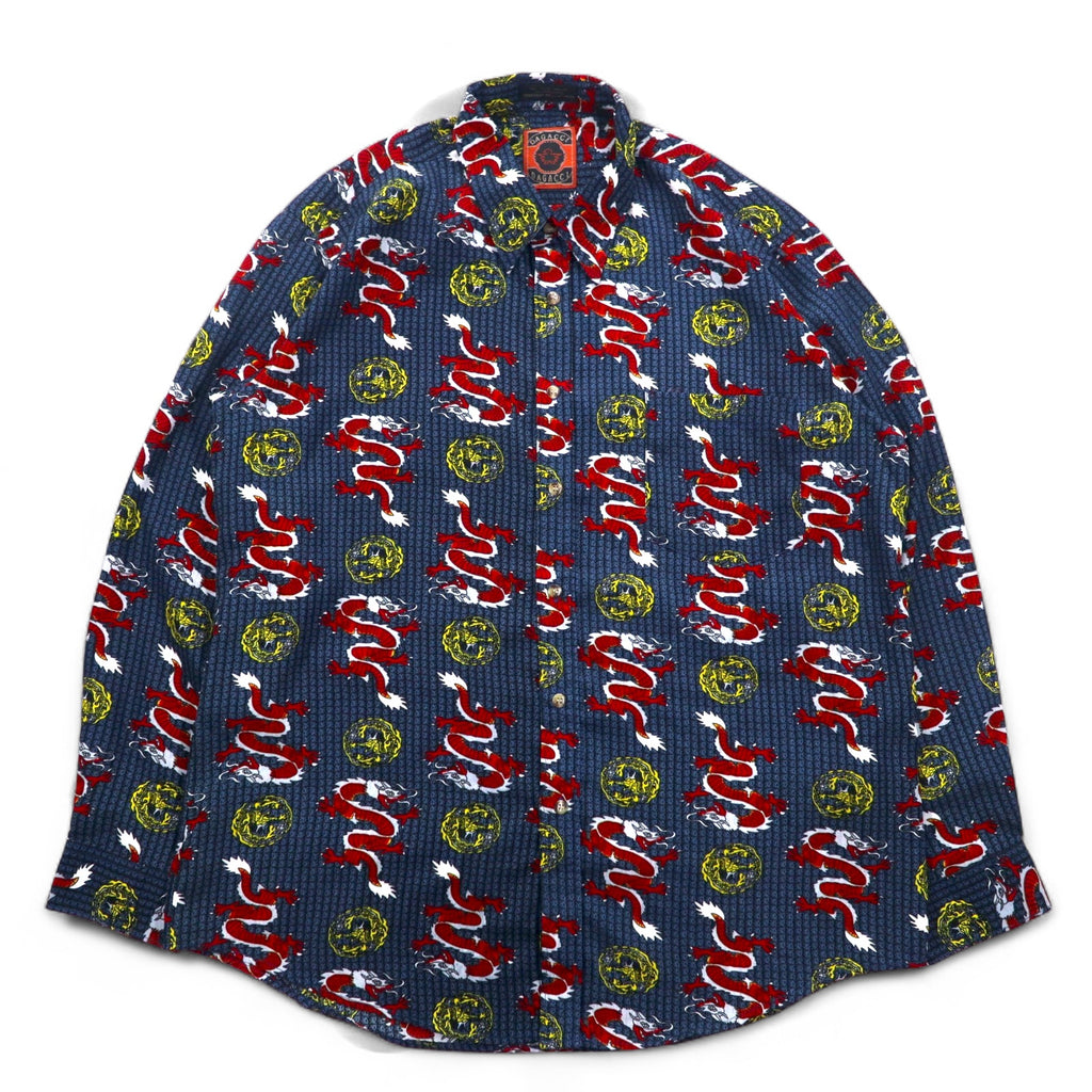 Vintage 90s China Dragon Patterned Shirt DAGACCI Poly Shirt L Blue All-over Pattern Dragon