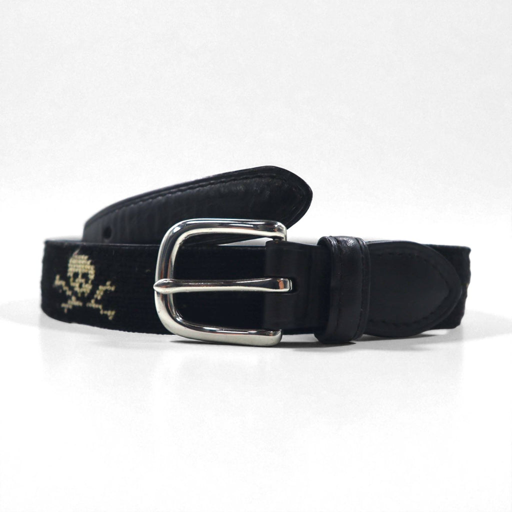 RUGBY Ralph Lauren skull leather belt in black wool with a silver buckle