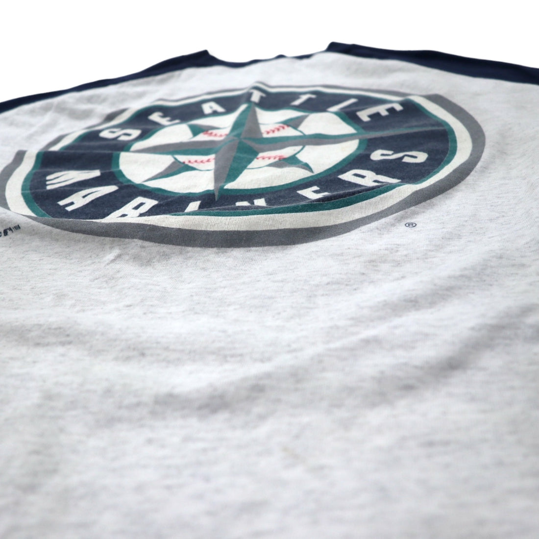 Made in USA 90s LOGO ATHLETIC MLB Raglan Sleeve T-Shirt XL Gray Navy Cotton Mariners Big Size