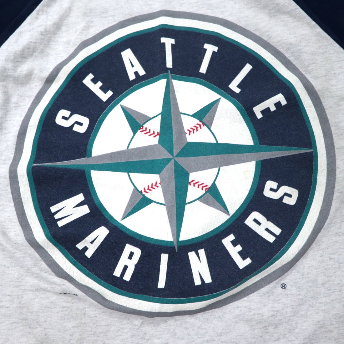 Made in USA 90s LOGO ATHLETIC MLB Raglan Sleeve T-Shirt XL Gray Navy Cotton Mariners Big Size