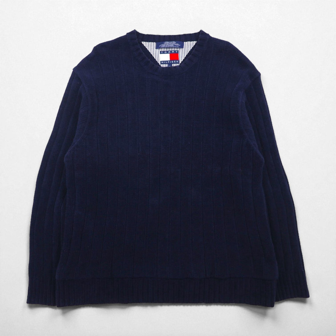 TOMMY HILFIGER Rib Knit Crew Neck Sweater, Size L, Navy, Cotton