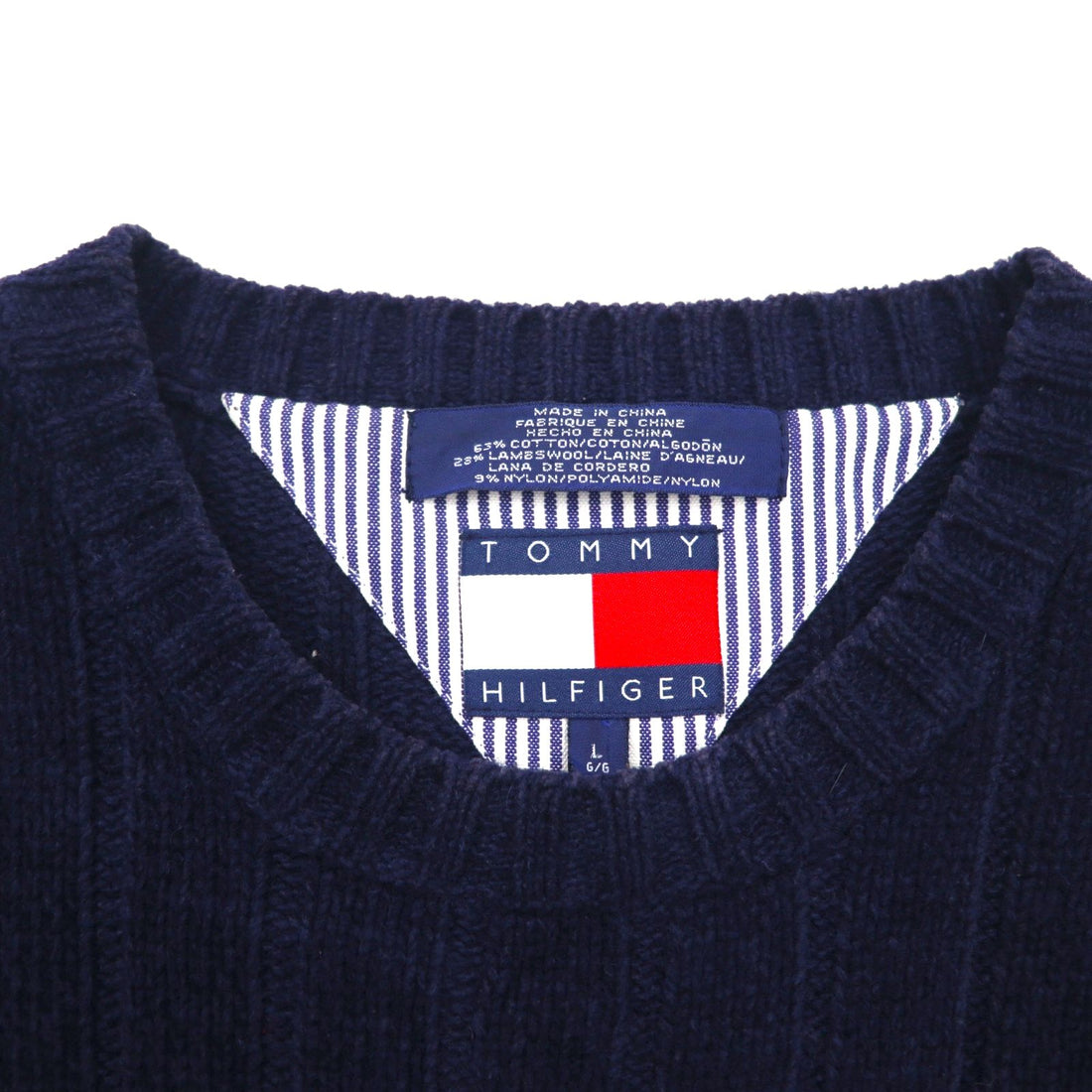 TOMMY HILFIGER Rib Knit Crew Neck Sweater, Size L, Navy, Cotton