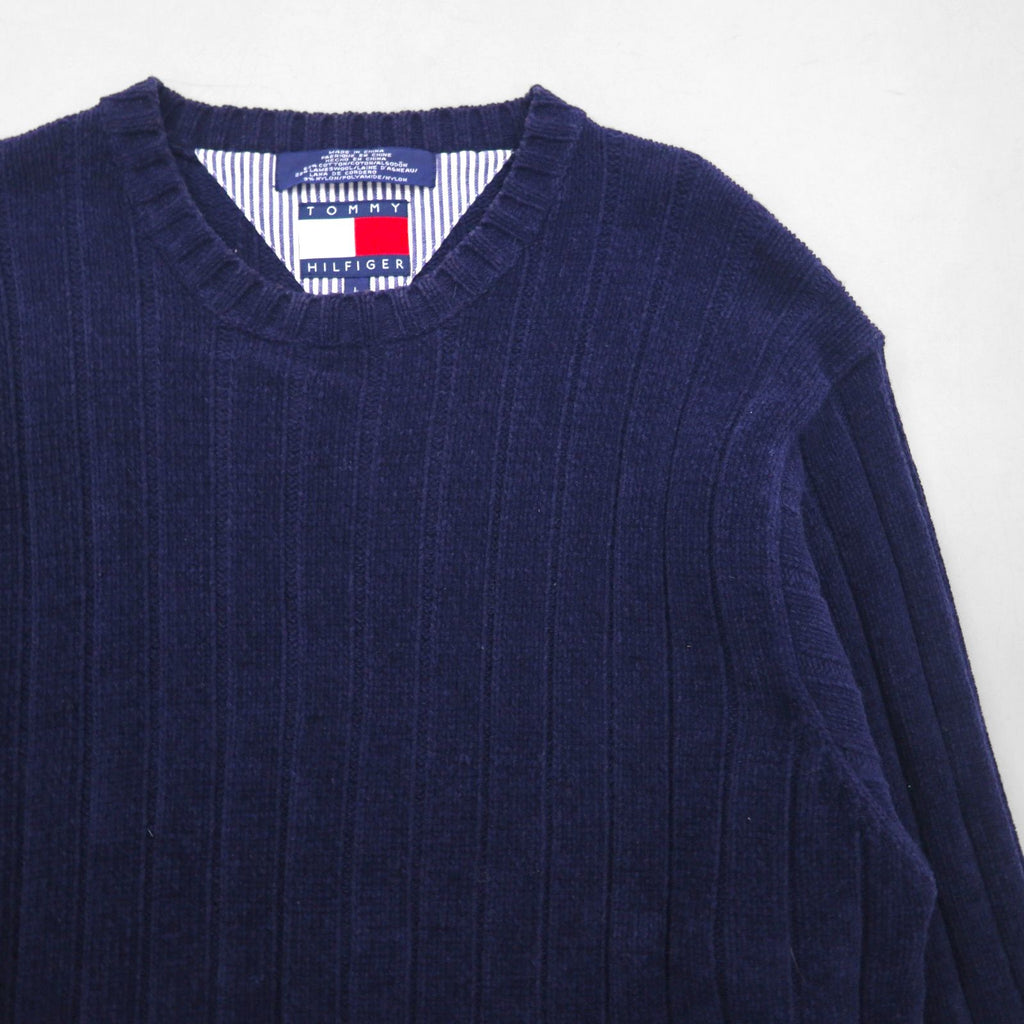 TOMMY HILFIGER Rib Knit Crew Neck Sweater, Size L, Navy, Cotton