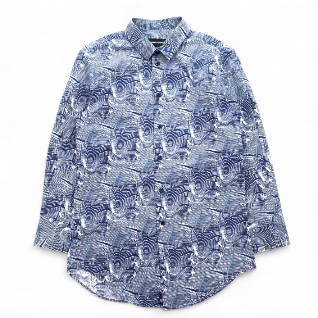 EMPORIO ARMANI All-over Print Dress Shirt, S, Navy, Cotton, Made in Tunisia