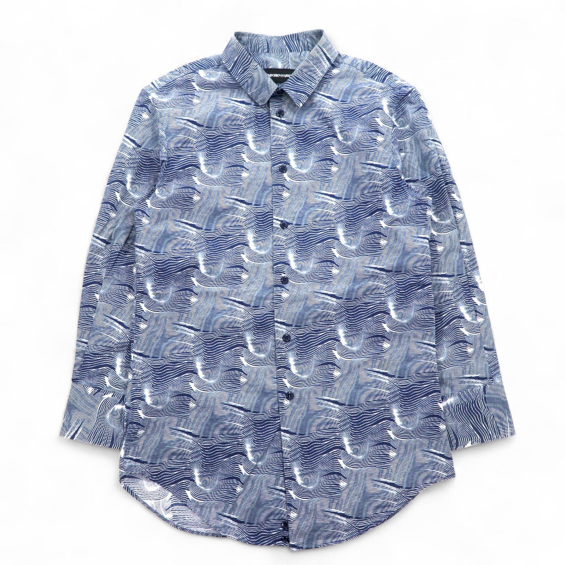 EMPORIO ARMANI All-over Print Dress Shirt, S, Navy, Cotton, Made in Tunisia