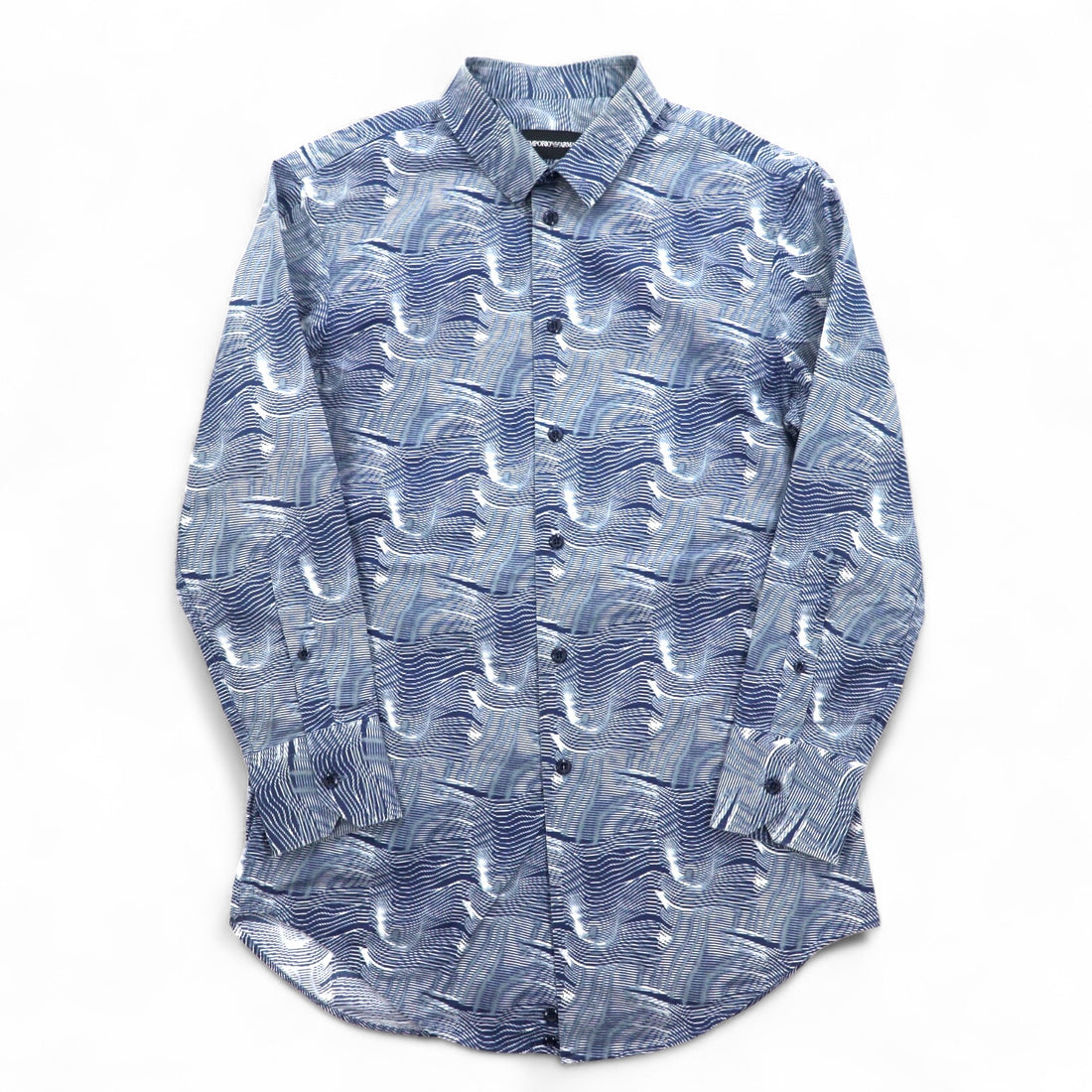 EMPORIO ARMANI All-over Print Dress Shirt, S, Navy, Cotton, Made in Tunisia