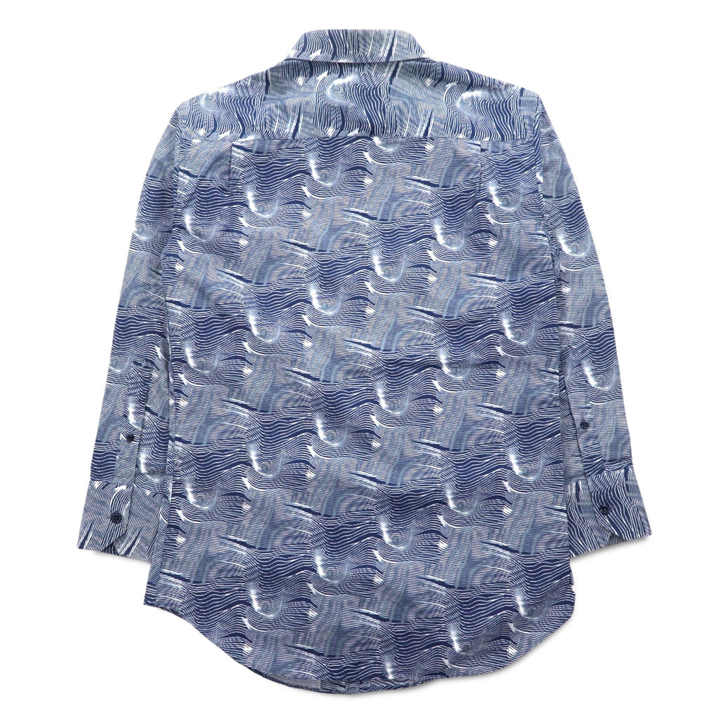 EMPORIO ARMANI All-over Print Dress Shirt, S, Navy, Cotton, Made in Tunisia