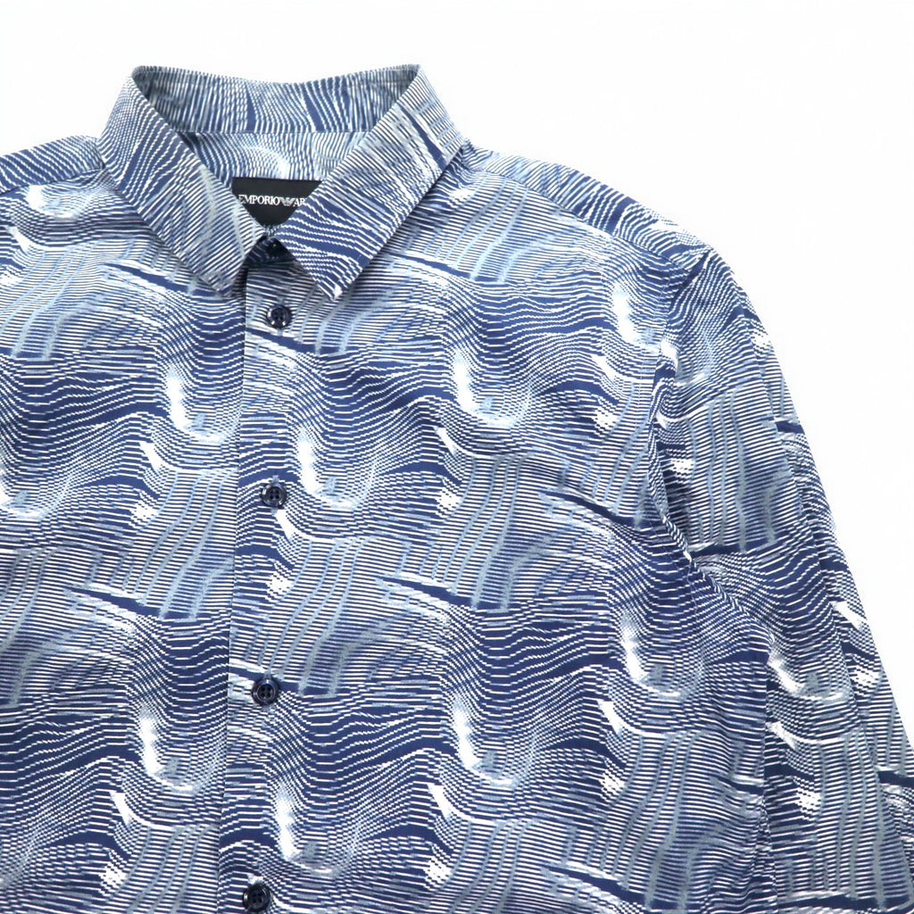 EMPORIO ARMANI All-over Print Dress Shirt, S, Navy, Cotton, Made in Tunisia