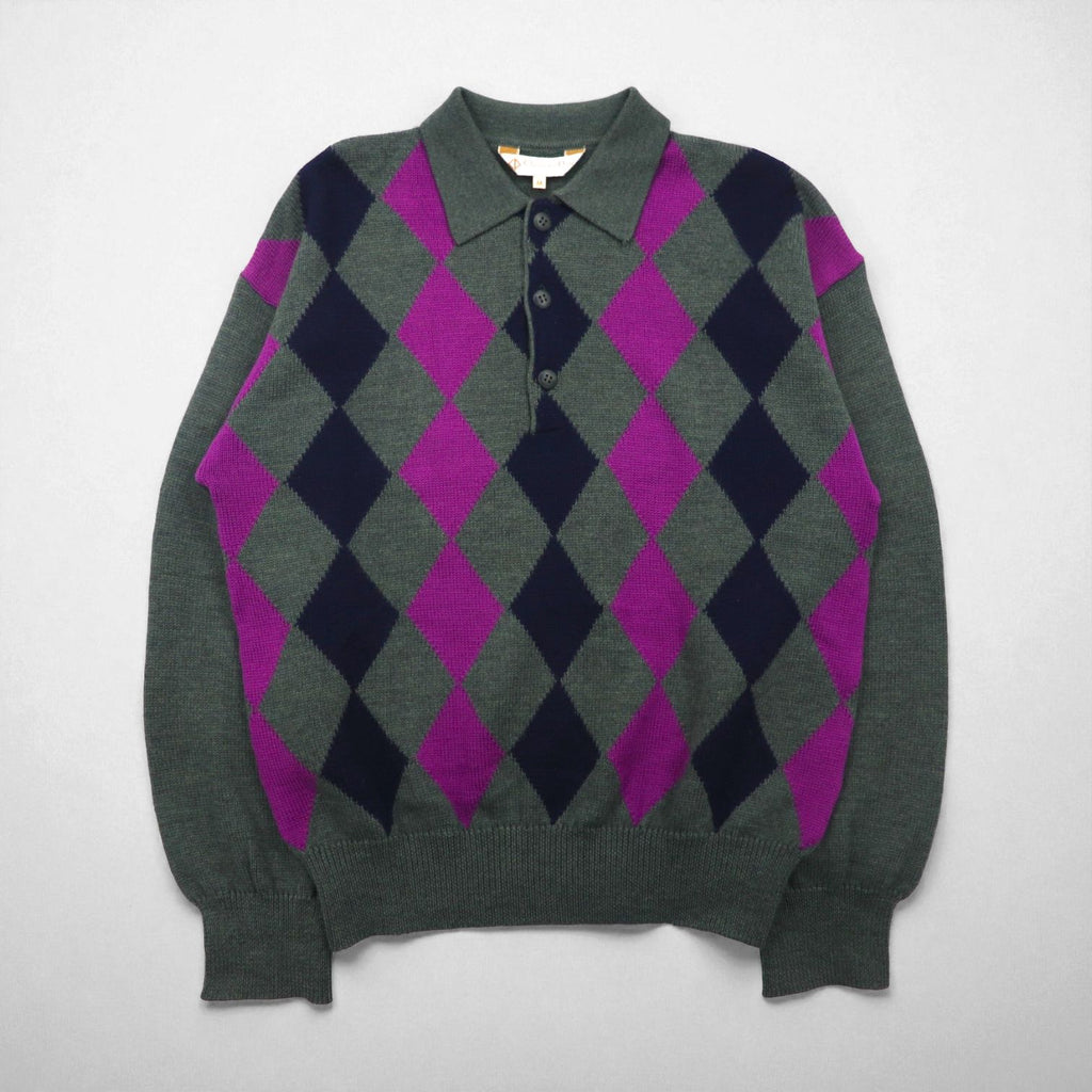 Christian Dior SPORTS 90s Made in Japan Polo Knit Sweater, Size M, Charcoal Wool Argyle